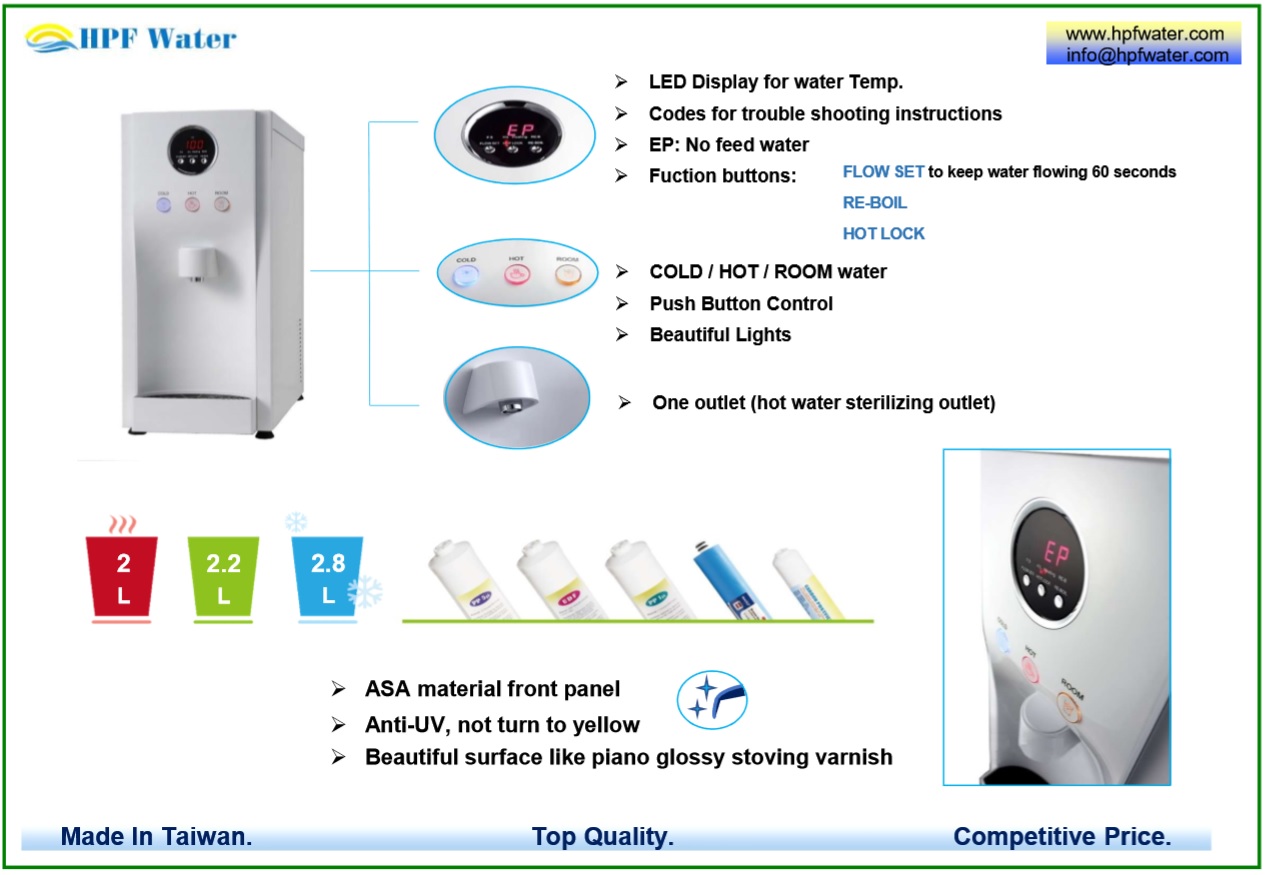 Counter Top Hot Ambient Cold Water Dispenser made in Taiwan, Anti-UV front panel